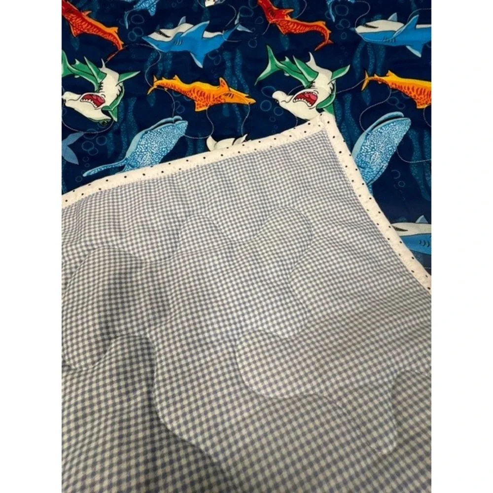 Handmade Shark Print Quilt Navy Blue Gingham Reverse 48x40 Nursery Throw